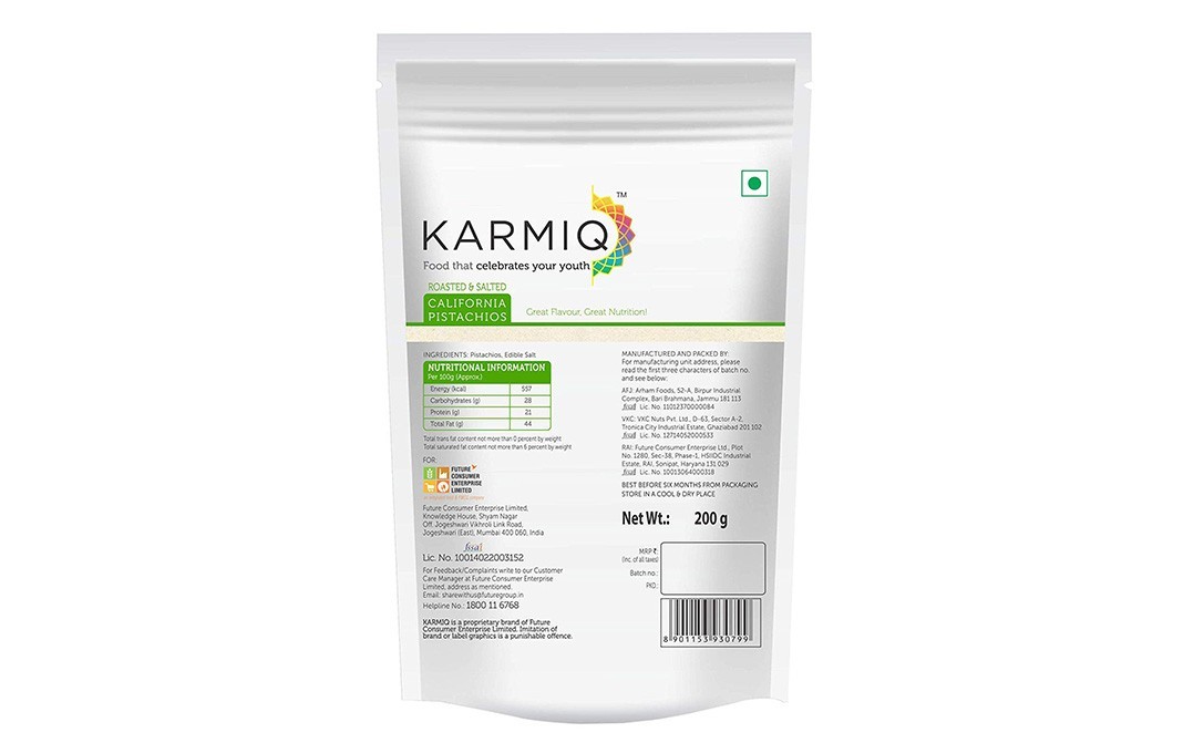 Karmiq Roasted & Salted California Pistachios   Pack  200 grams